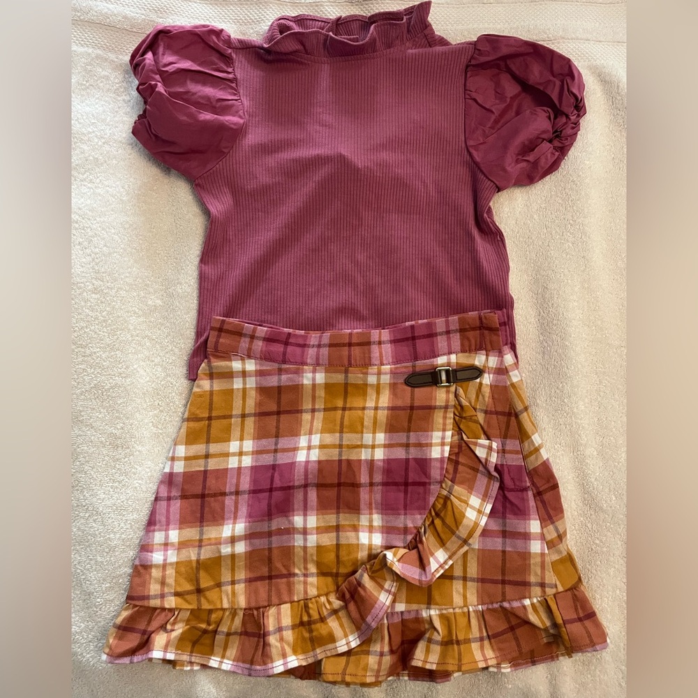 Janie and Jack Outfit: Mauve Blouse and Coordinating Plaid Skirt Set
